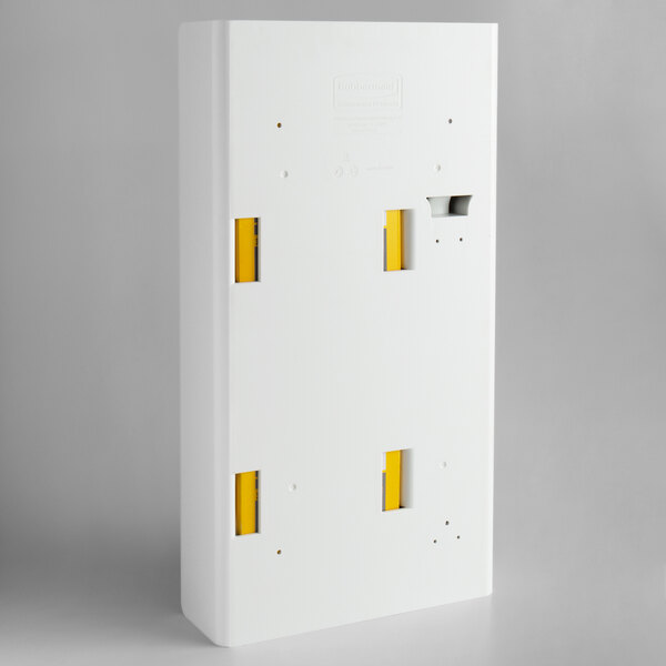 A white rectangular Rubbermaid storage cabinet with yellow accents.