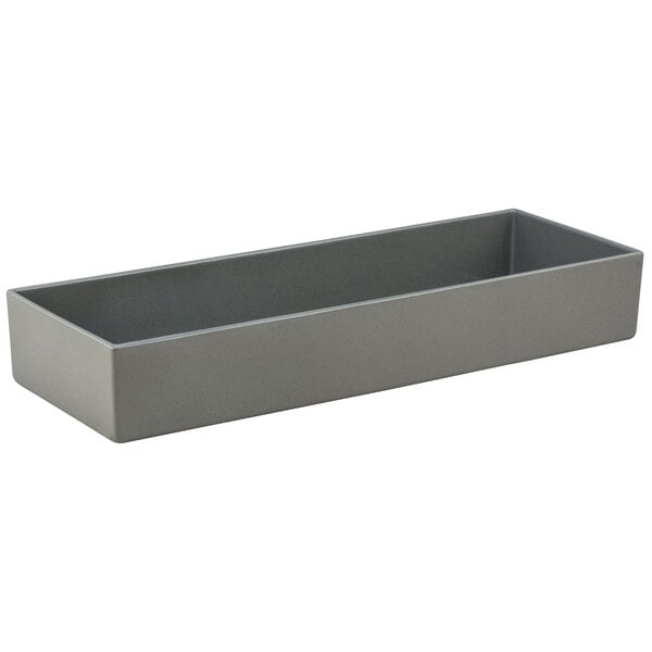 A rectangular grey Bon Chef bowl with a sandstone finish.