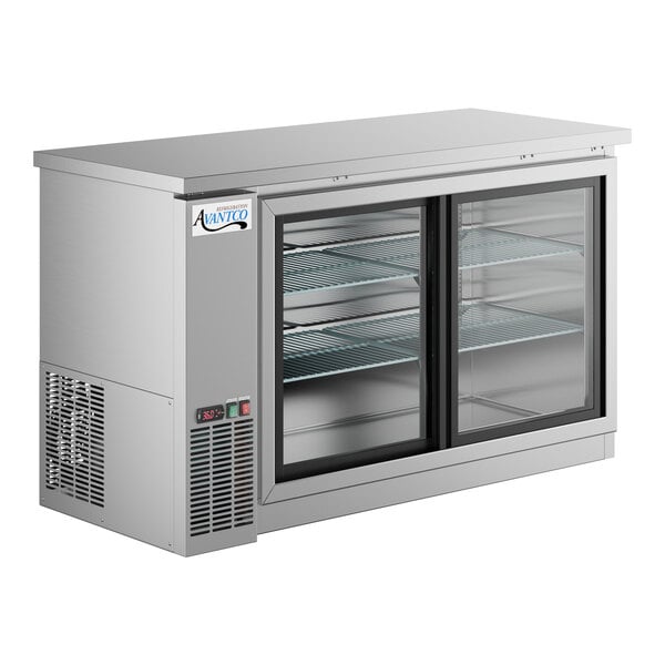 An Avantco stainless steel back bar refrigerator with narrow sliding glass doors.