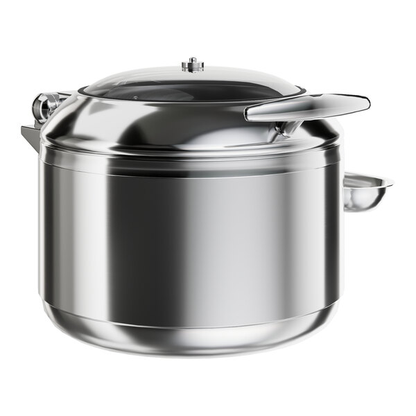 An Acopa Voyage stainless steel soup chafer with a soft-close lid.