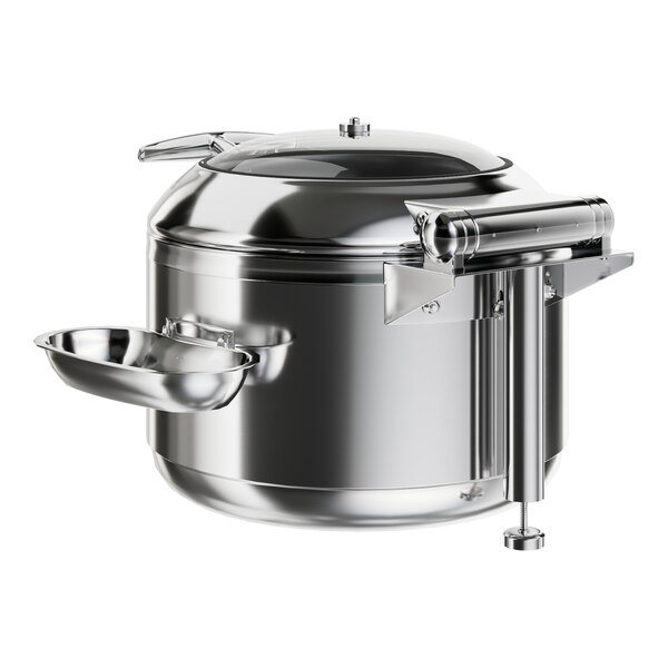 A silver Acopa stainless steel soup chafer with a glass lid and handle.