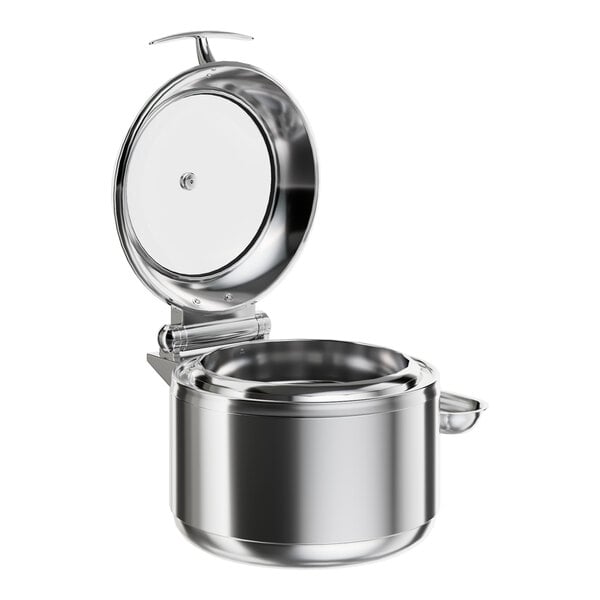 An Acopa stainless steel soup chafer with a soft-close lid.