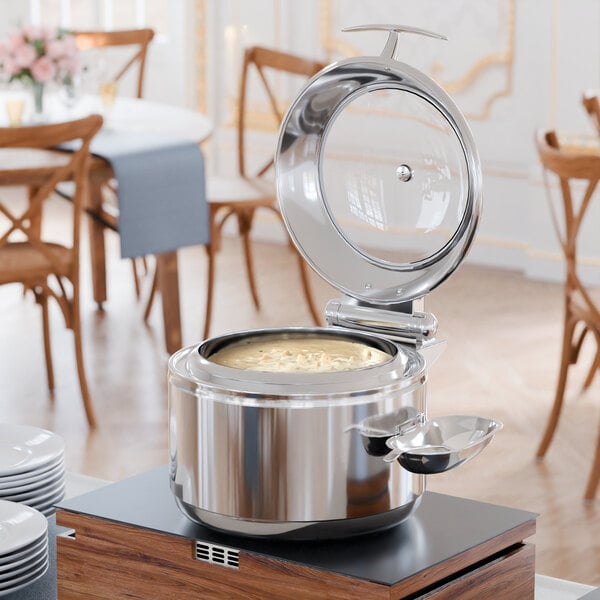 Acopa Voyage 11 Qt. Round Stainless Steel Induction Soup Chafer with Glass Top and Soft-Close Lid