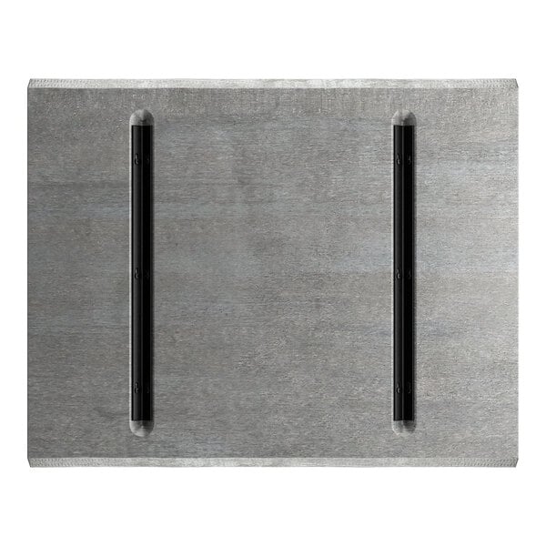A rectangular wooden surface with a slate gray finish and two parallel black metal bars attached to it.