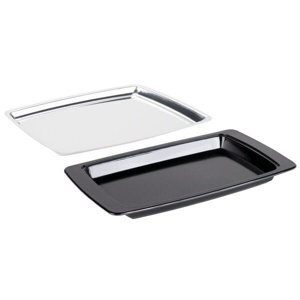 A black rectangular tray with a shiny stainless steel surface sitting in a black rectangular thermal underliner.
