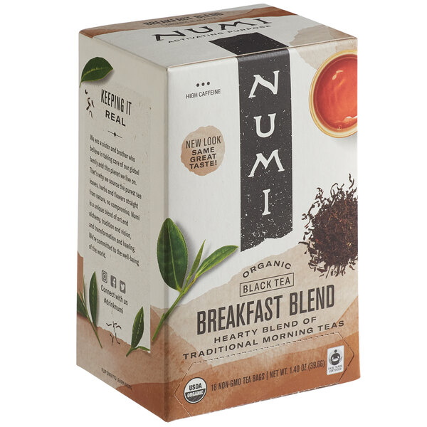A box of Numi Organic Breakfast Blend Tea Bags on a white background.