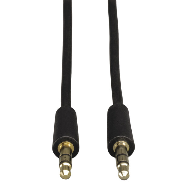 A pair of black Tripp Lite audio cables with gold connectors.