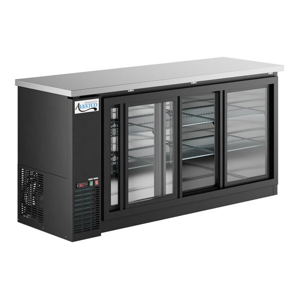An Avantco black counter height back bar refrigerator with glass doors.