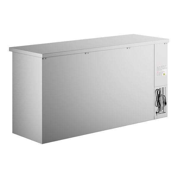 A stainless steel Avantco back bar refrigerator with a door open.