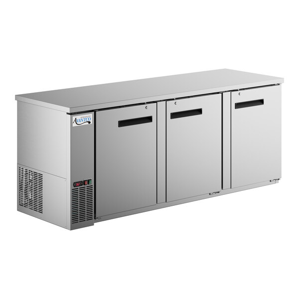 An Avantco stainless steel back bar refrigerator with three doors.