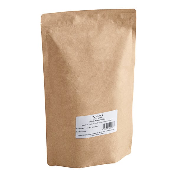 A brown Numi Organic Moroccan Mint loose leaf tea bag with a white label.