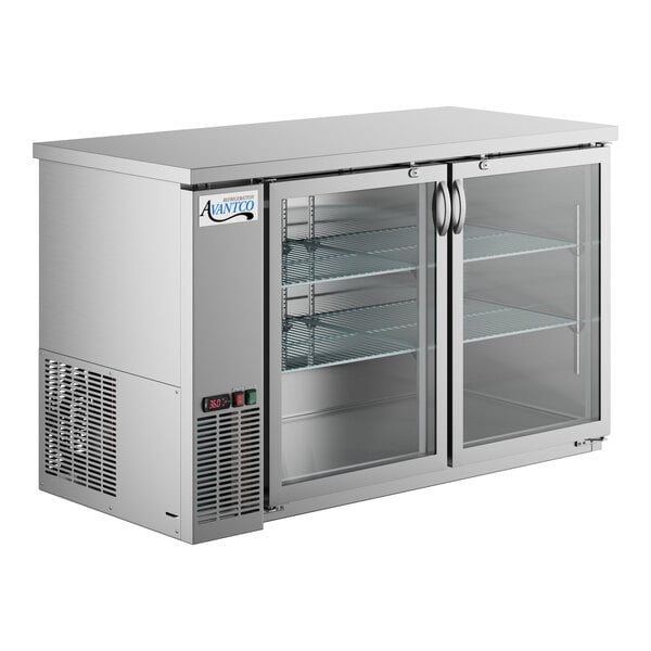 An Avantco stainless steel back bar refrigerator with glass doors.