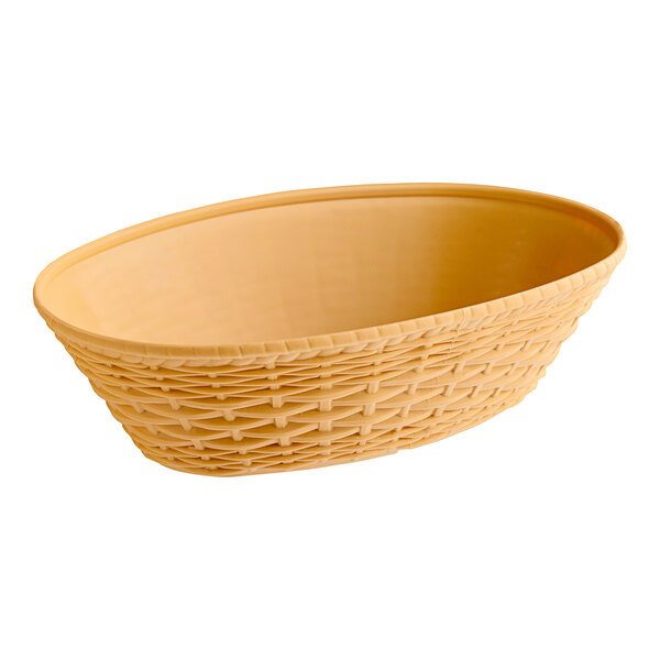 A tan plastic oval serving basket with a weave pattern and handles.