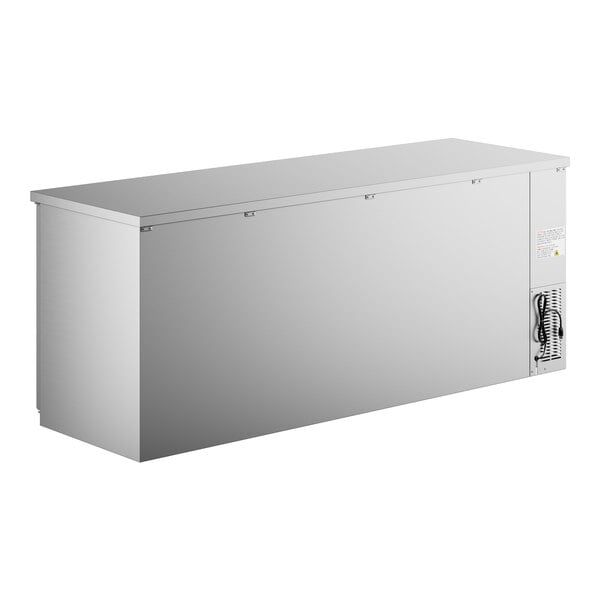 A stainless steel Avantco back bar refrigerator with glass doors.
