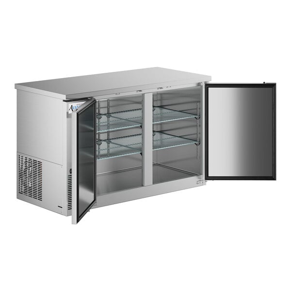 An Avantco stainless steel back bar refrigerator with two solid doors.