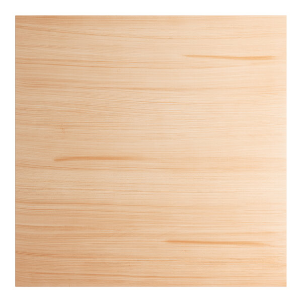 A square solid wood bar height table with a bleached oak finish and a live edge design.