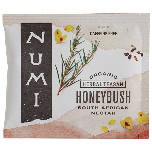 A package of Numi Organic Honeybush Tea Bags on a table.