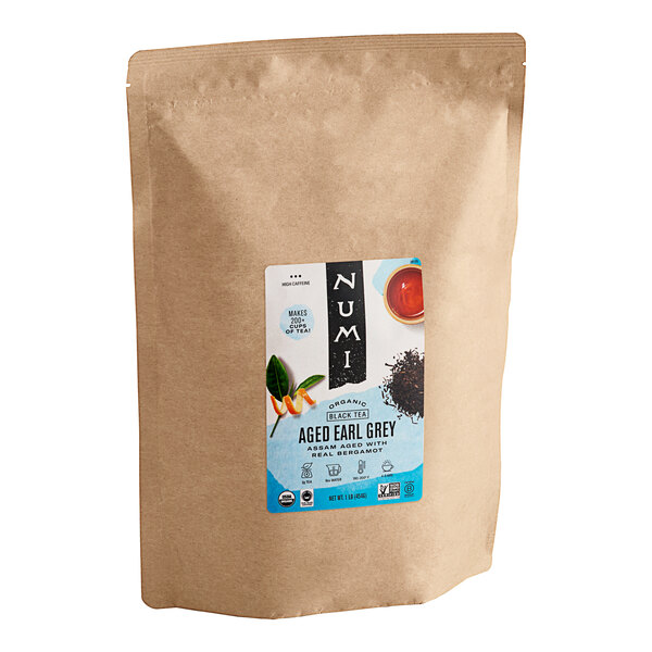A brown bag of Numi Organic Aged Earl Grey Loose Leaf Tea with a label.