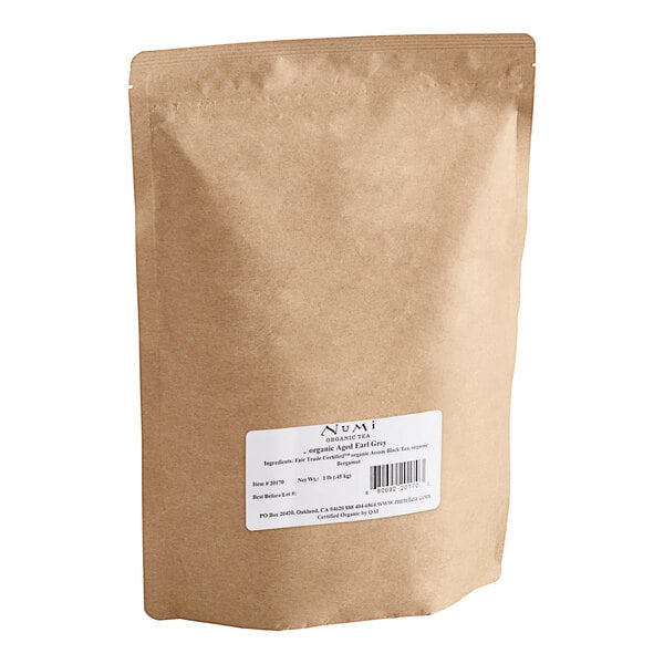 A brown bag of Numi Organic Aged Earl Grey Loose Leaf Tea with a white label.