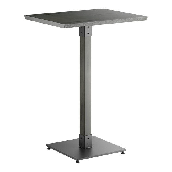 A rectangular bar-height table with a solid wood top and a sturdy metal base, featuring a slate gray finish.