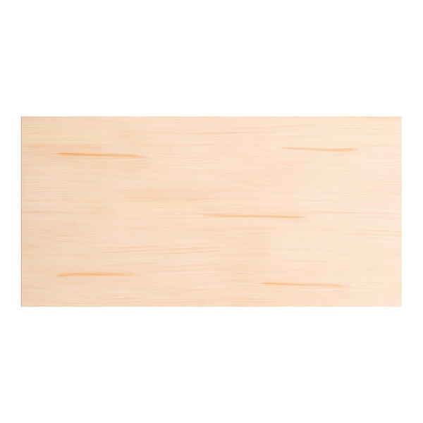 A rectangular solid wood bar height table top with a bleached oak finish and a live edge design.