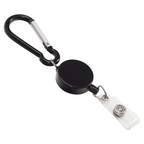 A black and silver metal badge reel and carabiner set.