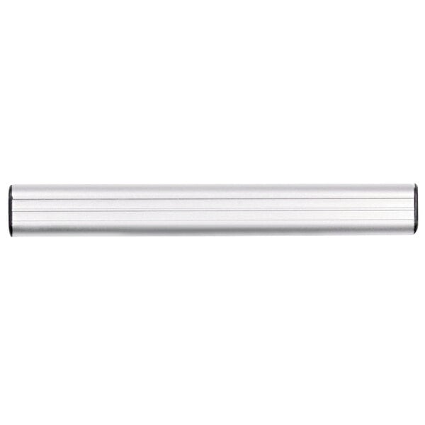 An Advantus silver aluminum display rail with black end caps on a white background.