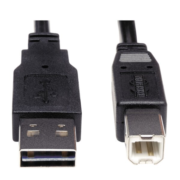 A close-up of a Tripp Lite black USB cable with two male connectors.