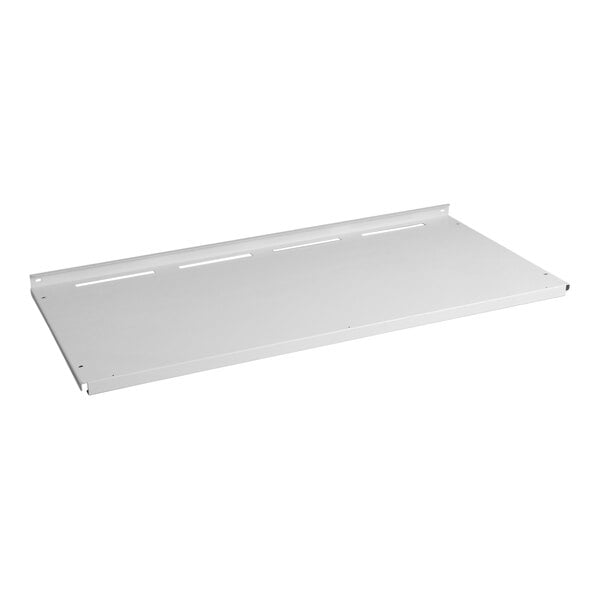 A white rectangular metal shelf with holes.