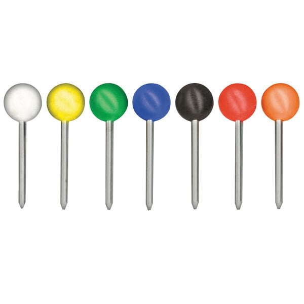 A row of Advantus plastic map tacks with metal poles and red, green, yellow, blue, and white tops.