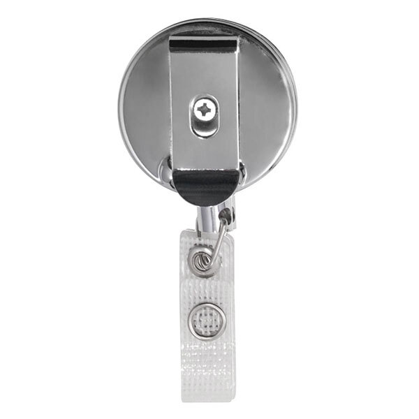 A black and chrome Advantus badge reel with a sliding belt clip.