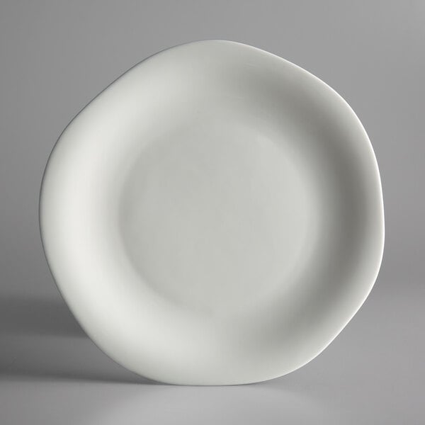 A white Oneida Lancaster Garden porcelain plate with a curved edge.