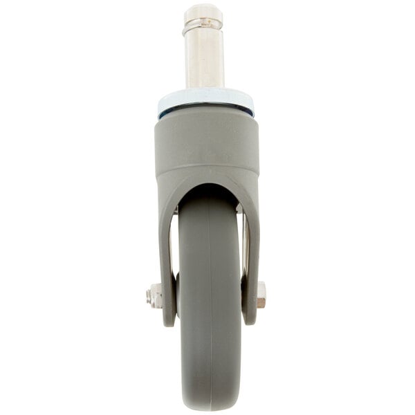 A close-up of a grey MetroMax iQ swivel caster wheel with a black brake stem.