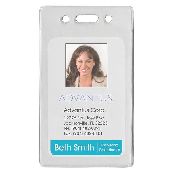 A close-up of a clear Advantus vertical proximity ID badge holder with a business card inside.