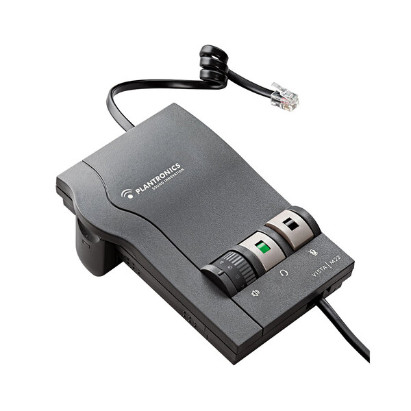 A black Plantronics Vista M22 audio processor with a cable.