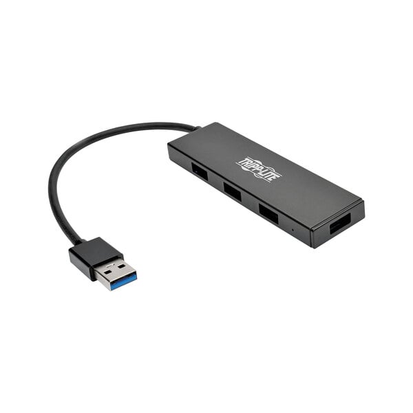 A black Tripp Lite USB hub with four ports and a cable.