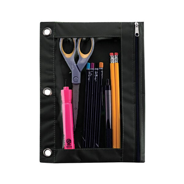 A close-up of an Advantus black binder pencil pouch with a clear front filled with pens, pencils, and scissors.