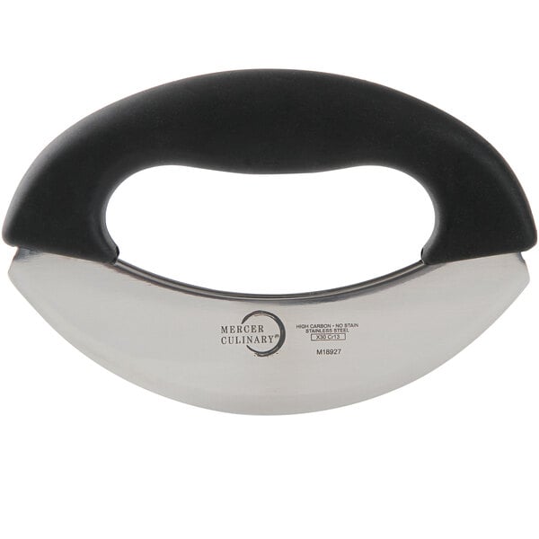 A black and white circular Mezzaluna knife with a rubberized handle.
