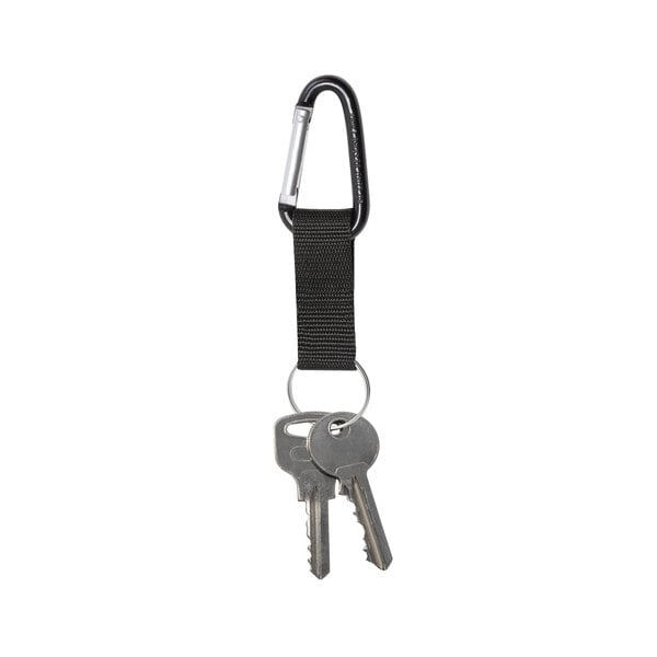 A black aluminum carabiner with a metal ring attached to it.