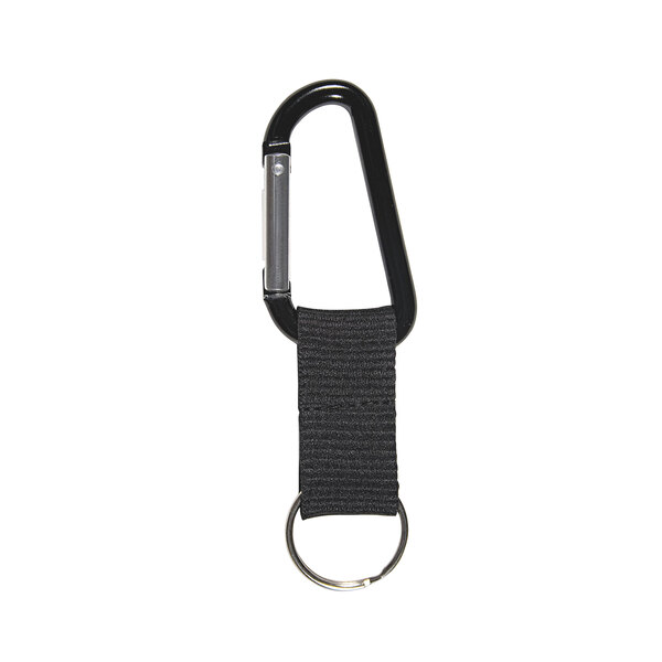 A black aluminum carabiner with a metal split key ring on it.