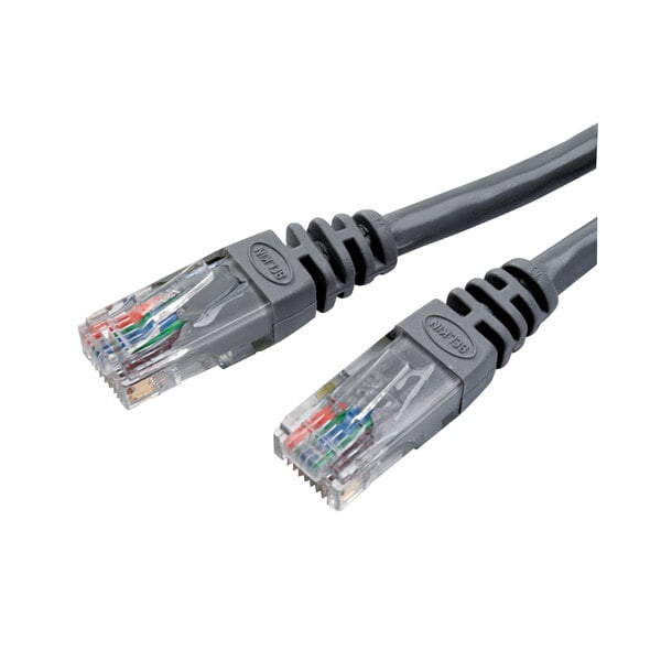 A close-up of a grey Belkin Cat5e Ethernet Cable with a snagless molded end.