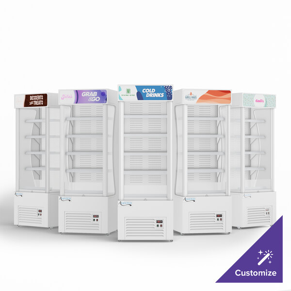 A white Avantco refrigerated air curtain merchandiser with shelves.