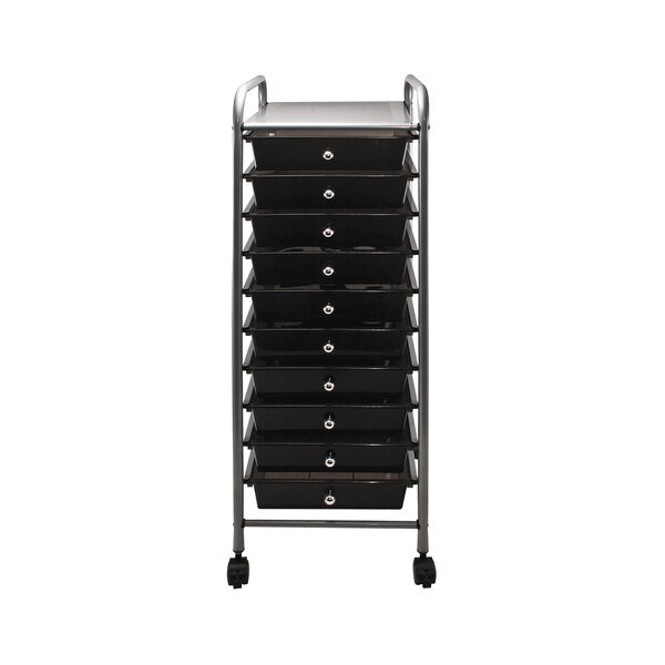A smoke gray portable drawer cart with 10 drawers on wheels.