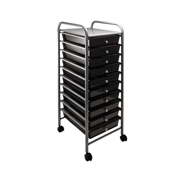 A smoke gray portable drawer cart with wheels and ten drawers.