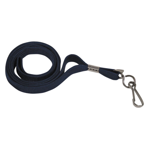 An Advantus blue J-hook style lanyard strap with a metal hook.