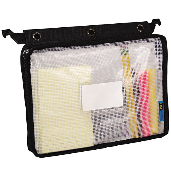 A black and clear Advantus expanding zipper pouch with a white label.