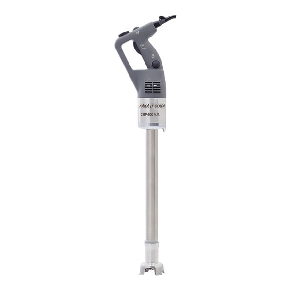 A Robot Coupe CMP400VV hand immersion blender with a silver and black handle.