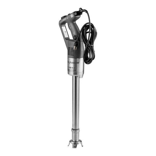 A silver and black Robot Coupe CMP400VV hand blender with a cord.
