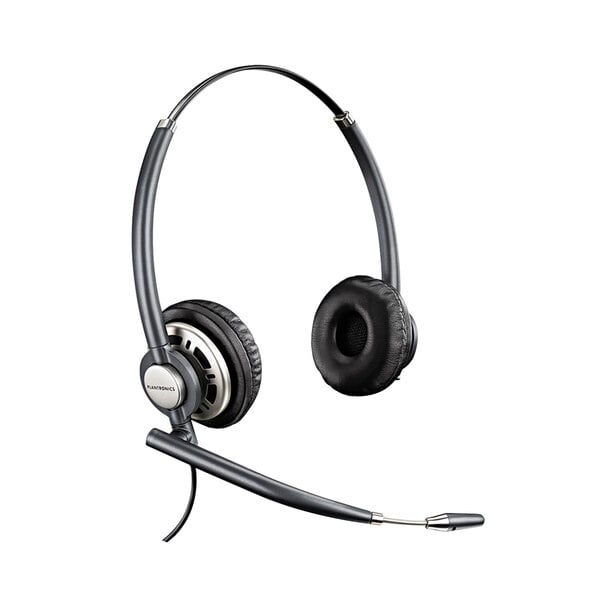 A Plantronics HW720 EncorePro black headset with a microphone.