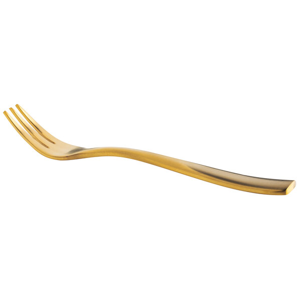 A close-up of a Bon Chef Manhattan oyster fork with a gold matte handle.